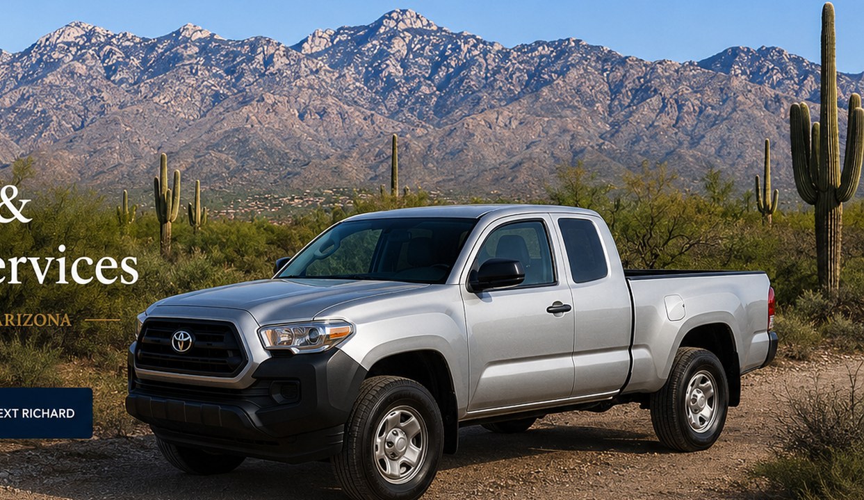 Mobile notary service in Southern Arizona with Catalina Mountains and silver Tacoma